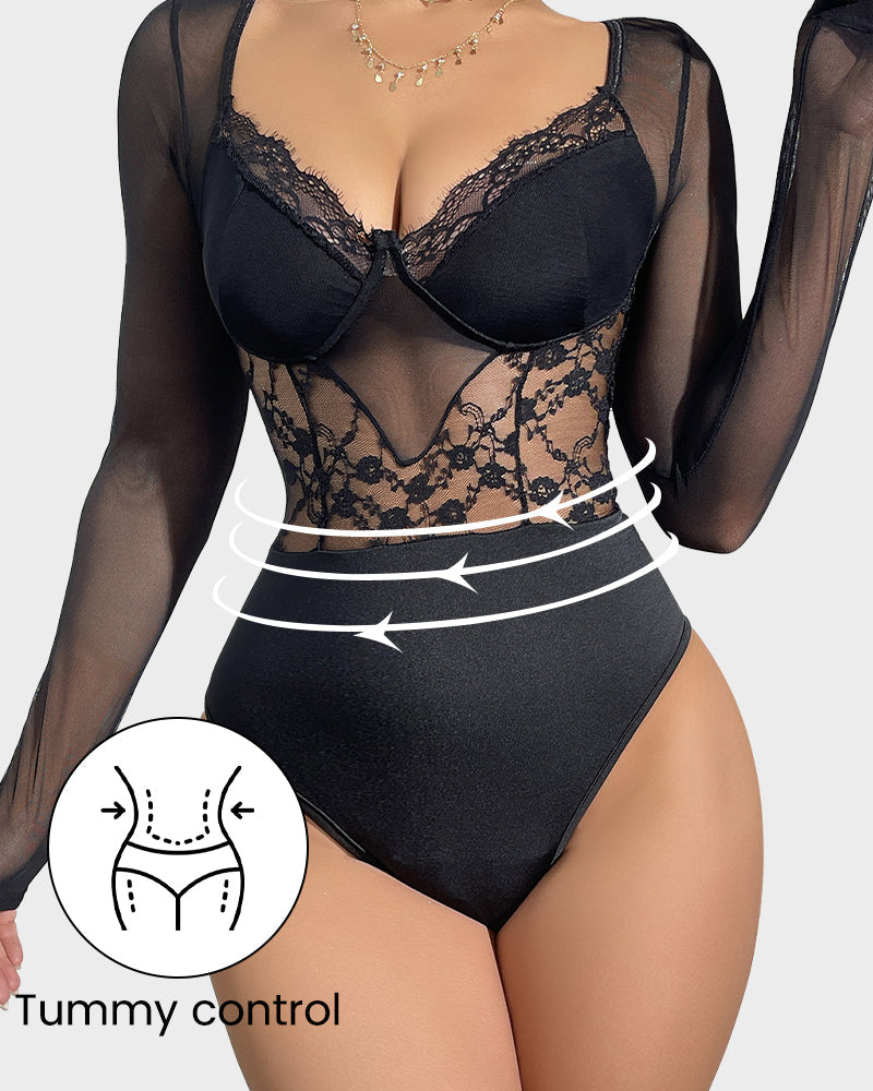 V-Neck Long Sleeve Lace Sheer Mesh Sculpting Bodysuit