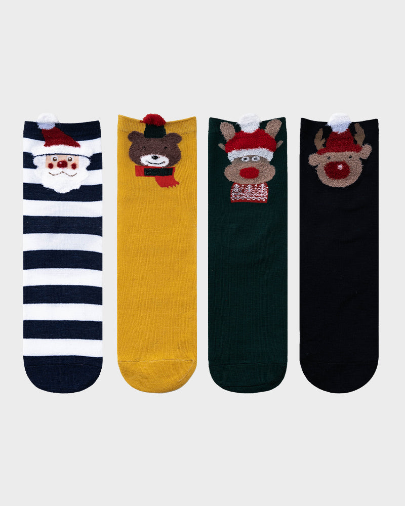 Calcetines cómodos con estampado de animales de dibujos animados navideños (paquete de 4)