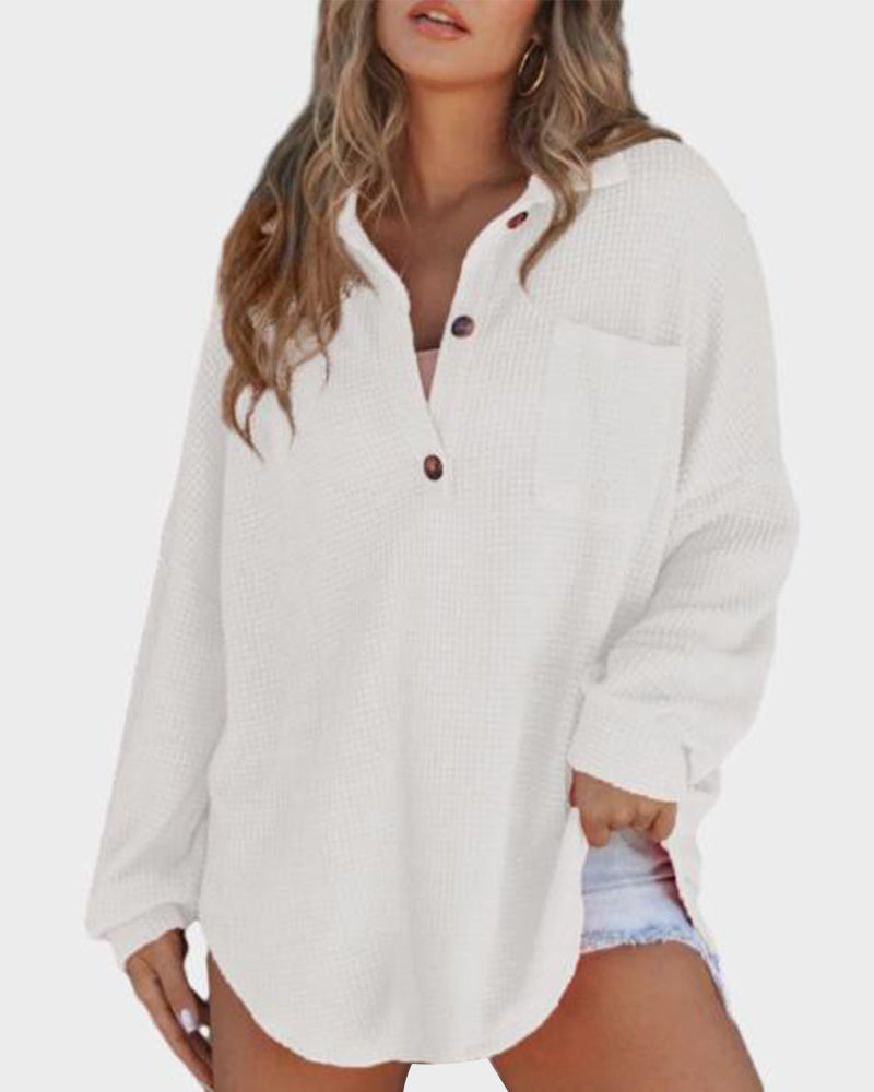 Relaxed Fit Long Sleeve Waffle Knit Button-Up Shirt