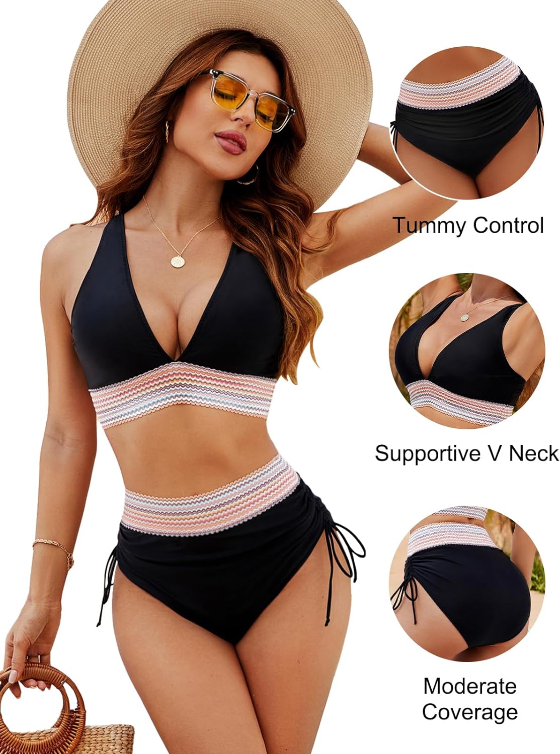 High Waisted Tummy Control Color Block Bikini Sets