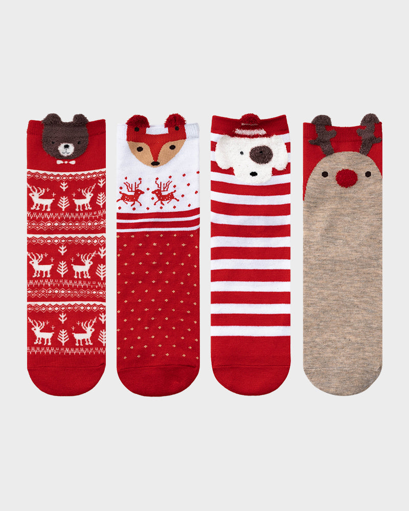 Calcetines cómodos con estampado de animales de dibujos animados navideños (paquete de 4)