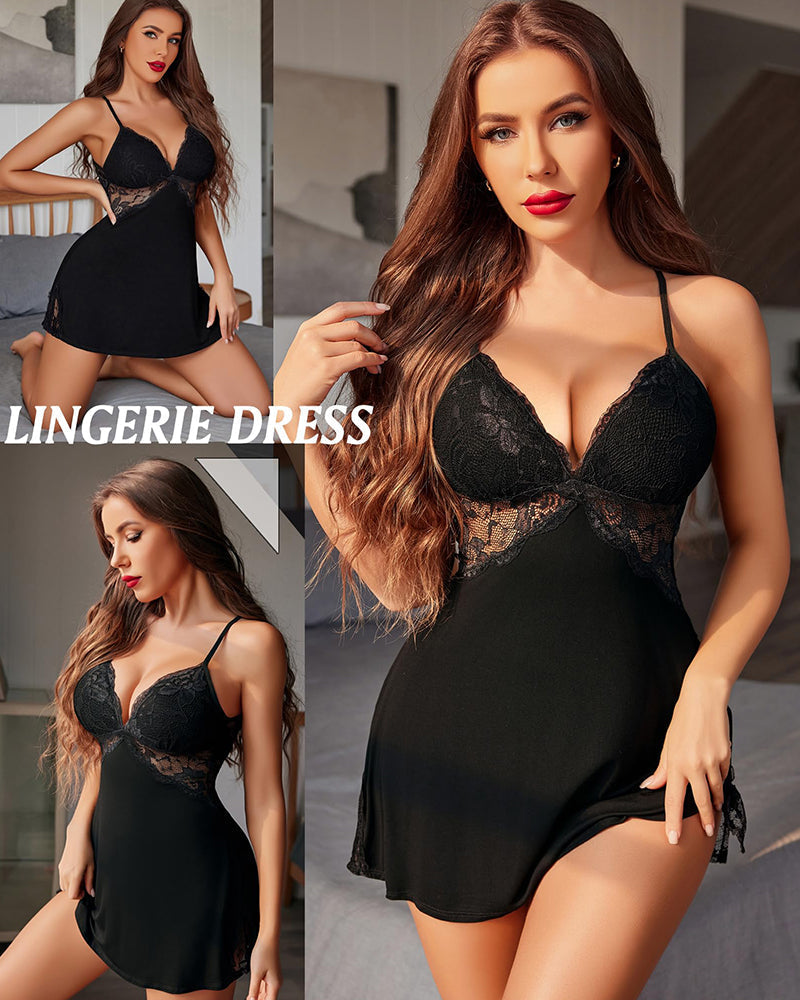 Robe de nuit fendue avec bordure en dentelle SheCurve® Babydoll Teddy Lingerie