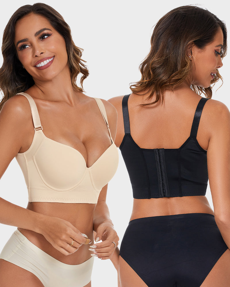 SheShape® Push-Up Back Smoothing Bra - Black+Beige (2 PACK）