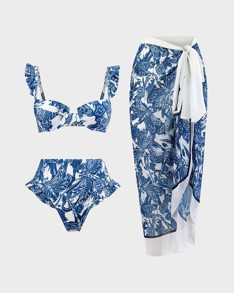 Vintage Floral Printed Bikini Set with Beach Cover up Wrap Skirt