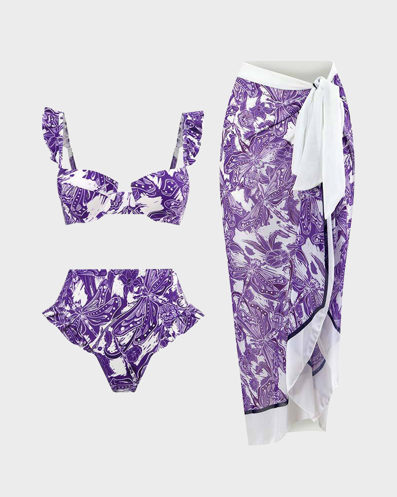 Ensemble bikini à imprimé floral vintage SheCurve® avec jupe portefeuille de plage 