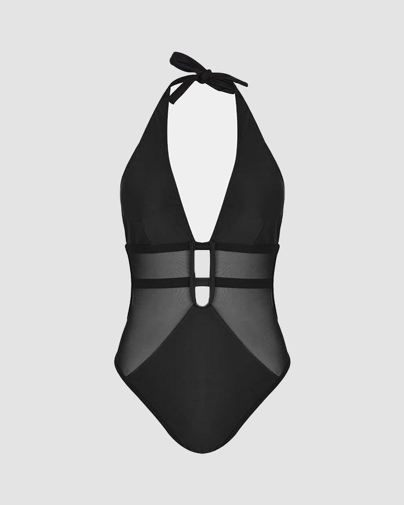 Plunge Halter Neck Mesh Backless Swimsuit