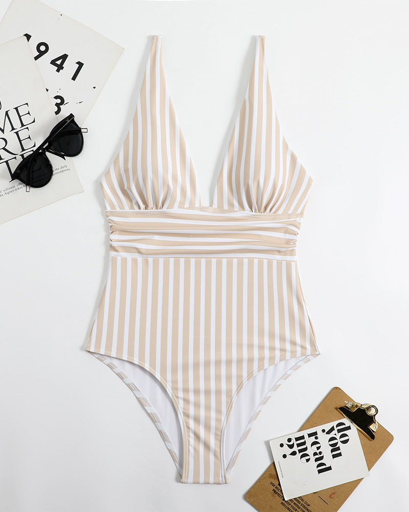 Striped Plunging Neck Swimsuit