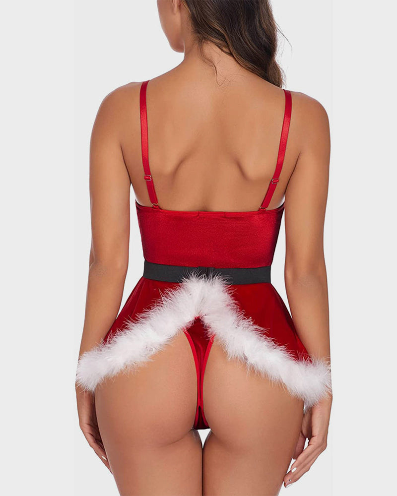 Minivestido sexy de terciopelo navideño con tanga a juego