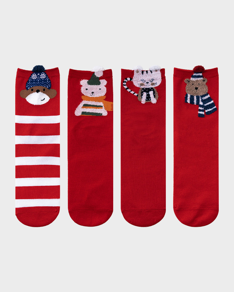 Christmas Cartoon Animal Print Comfort Socks (4 Pack)