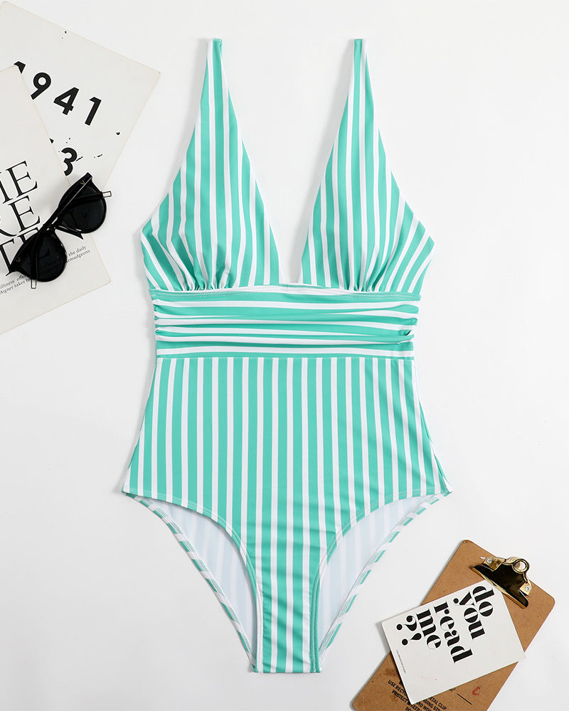 Striped Plunging Neck Swimsuit