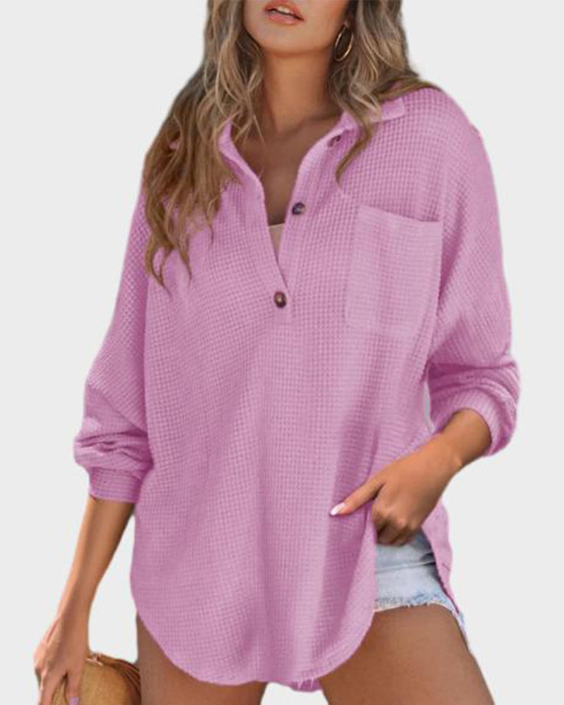 Relaxed Fit Long Sleeve Waffle Knit Button-Up Shirt