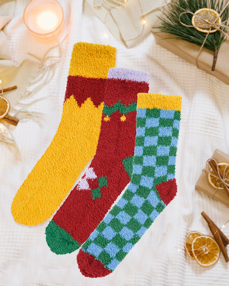 Cute Festive Print Cozy Warm Fluffy Socks (3 Pack)