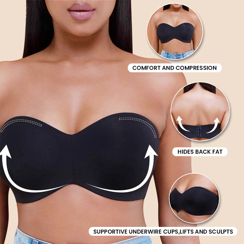 SheShape® Full Support Non-Slip Convertible Bandeau Bra-Black+Nude