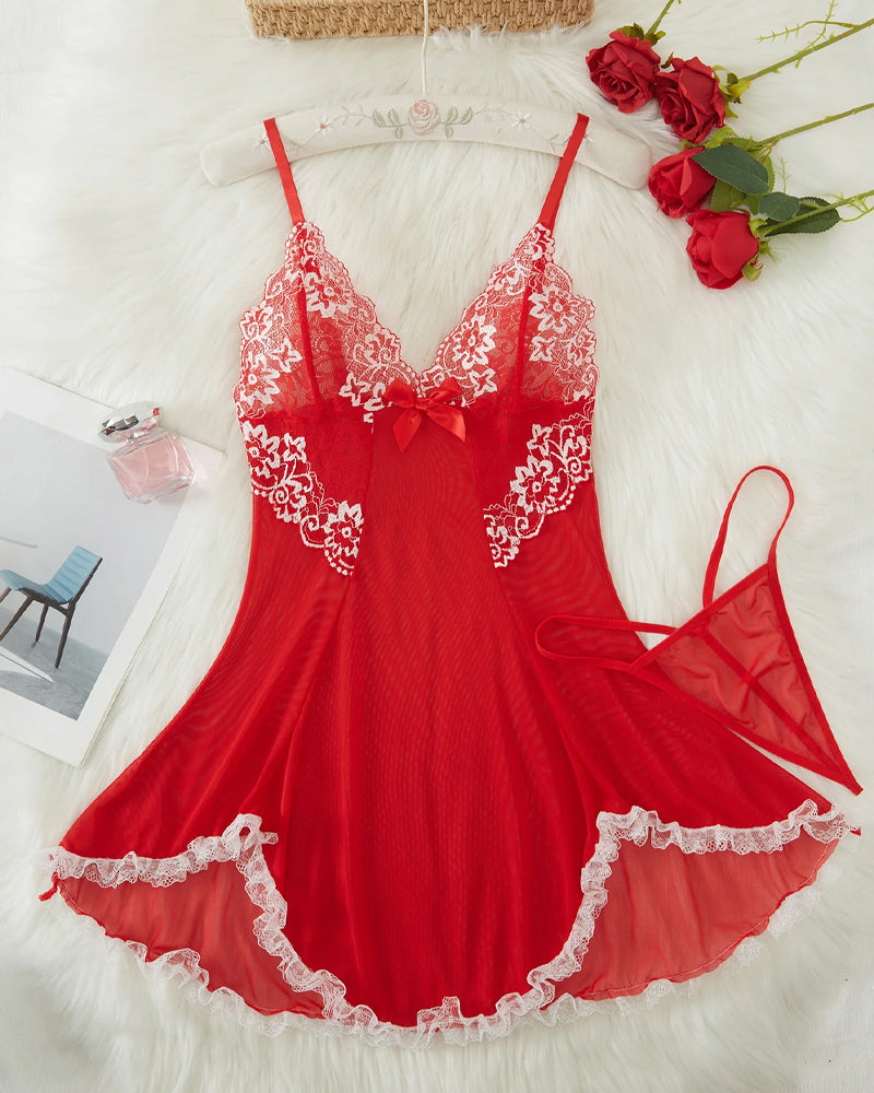 Sexy V Neck Sheer Lace Nightgown with G-String