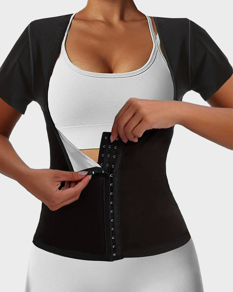 Women's Short-Sleeve Sauna Top with Button Closure, Bust Support, and Abdominal Control