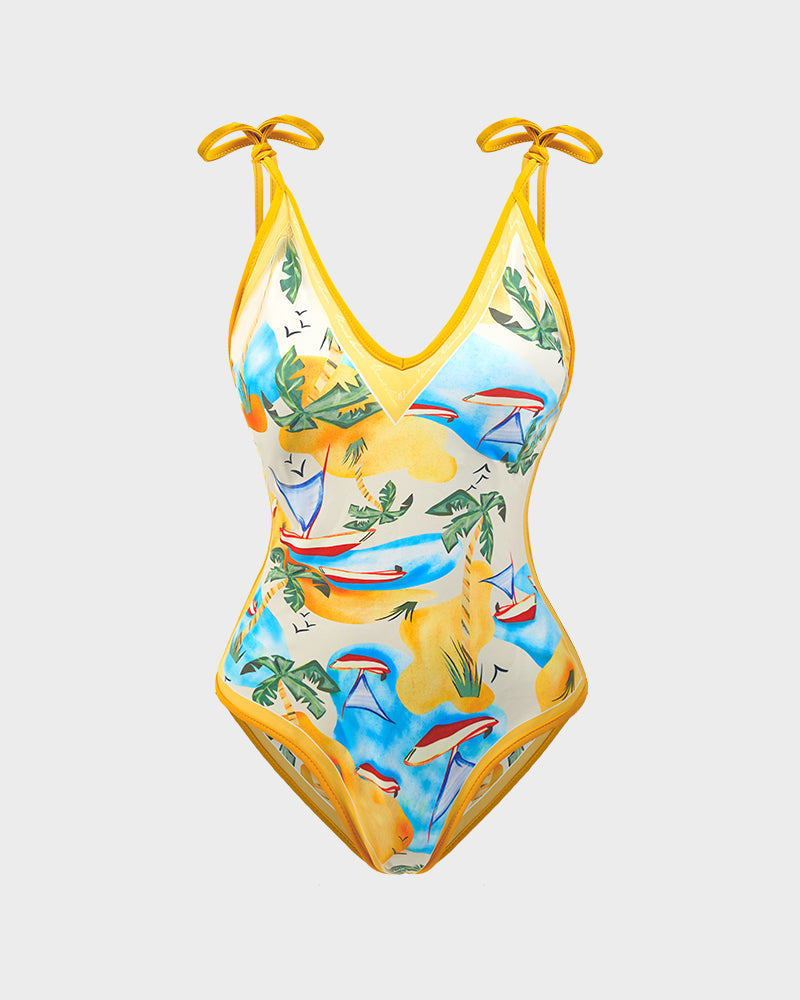 Maillot de bain une pièce réversible à imprimé floral et bretelles nouées