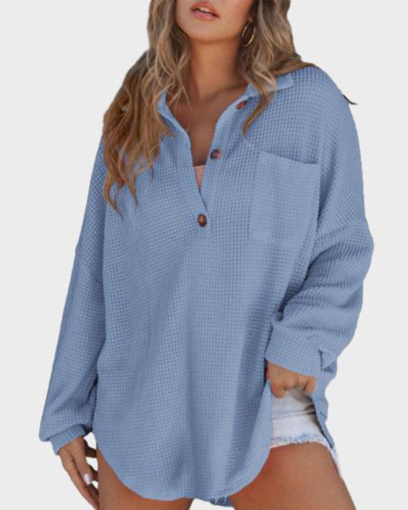 Relaxed Fit Long Sleeve Waffle Knit Button-Up Shirt