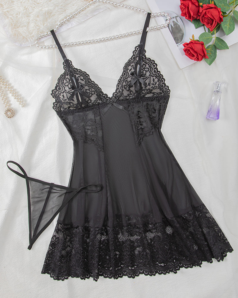 Sheer Lace Mesh Nightgown with G-String