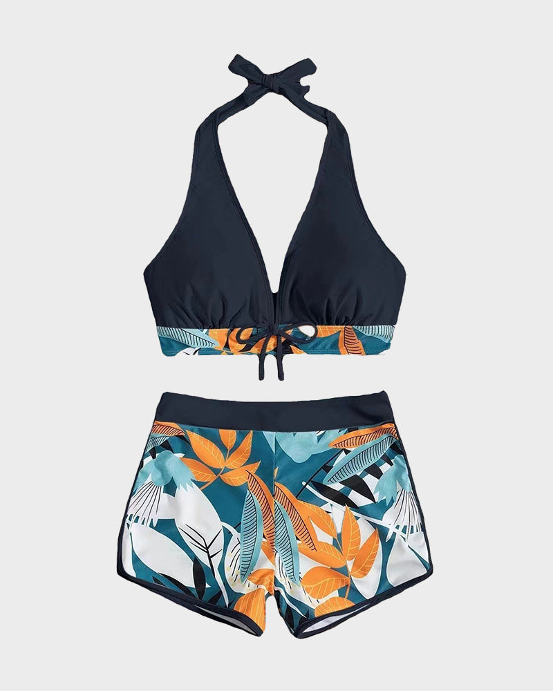 Split High Waist Patchwork Swimsuit