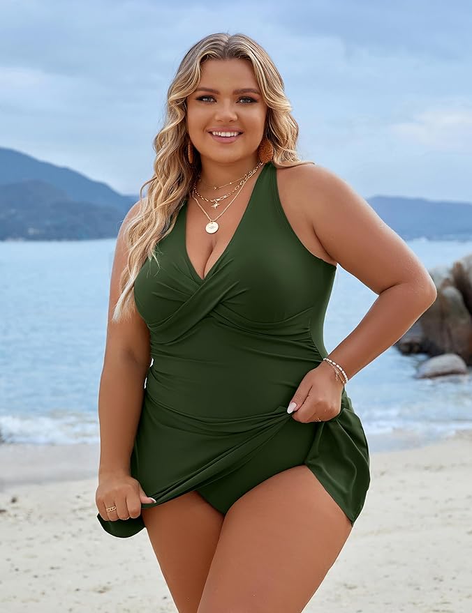 Plus Size One Piece Swim Dress Swimsuit Tummy Control Bathing Suits