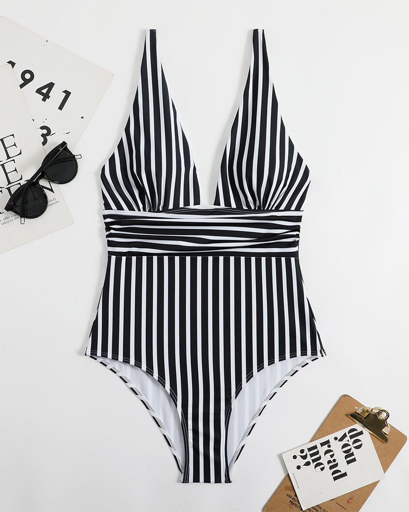 Striped Plunging Neck Swimsuit