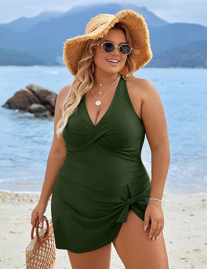 Plus Size One Piece Swim Dress Swimsuit Tummy Control Bathing Suits