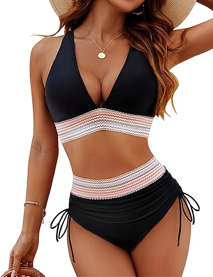 High Waisted Tummy Control Color Block Bikini Sets