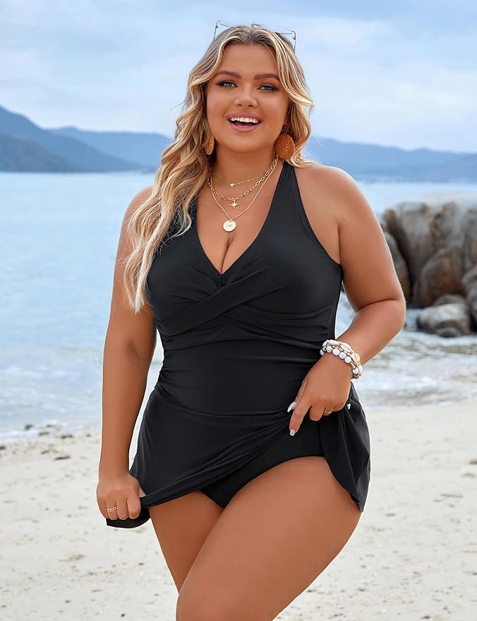 Plus Size One Piece Swim Dress Swimsuit Tummy Control Bathing Suits