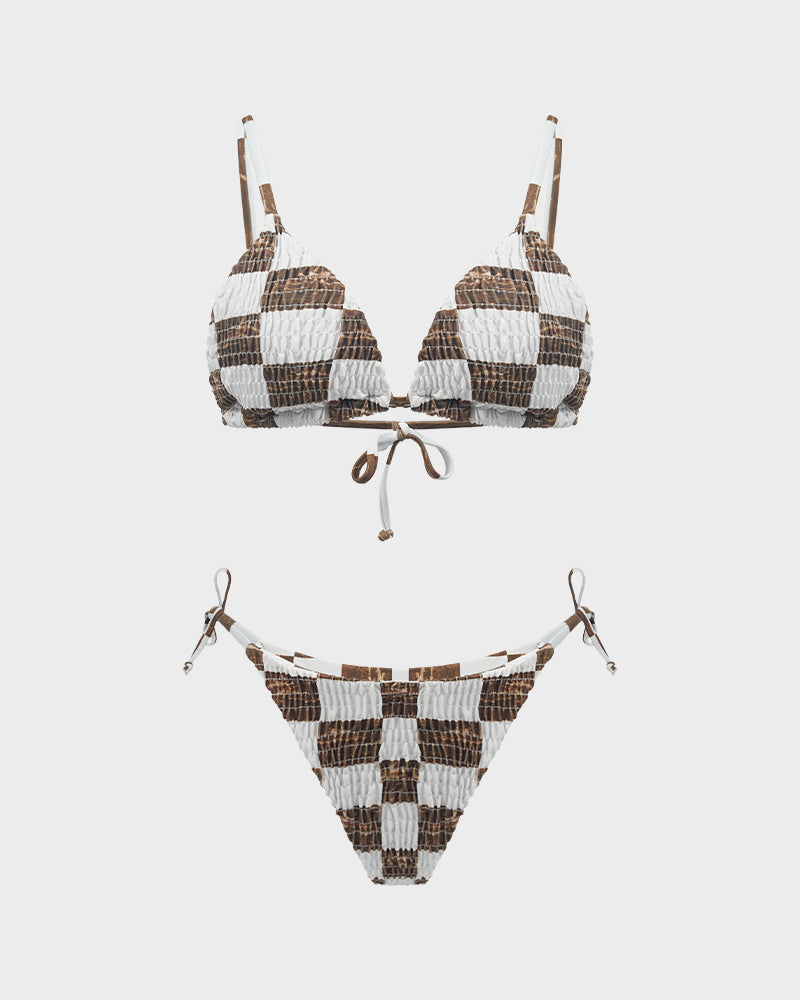 Trendy Ruched Check Print Triangle Bikini Set