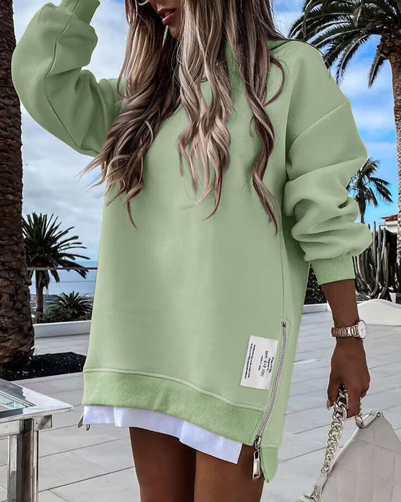 Casual Long Sleeve Zipper Slit Oversized Sweatshirt