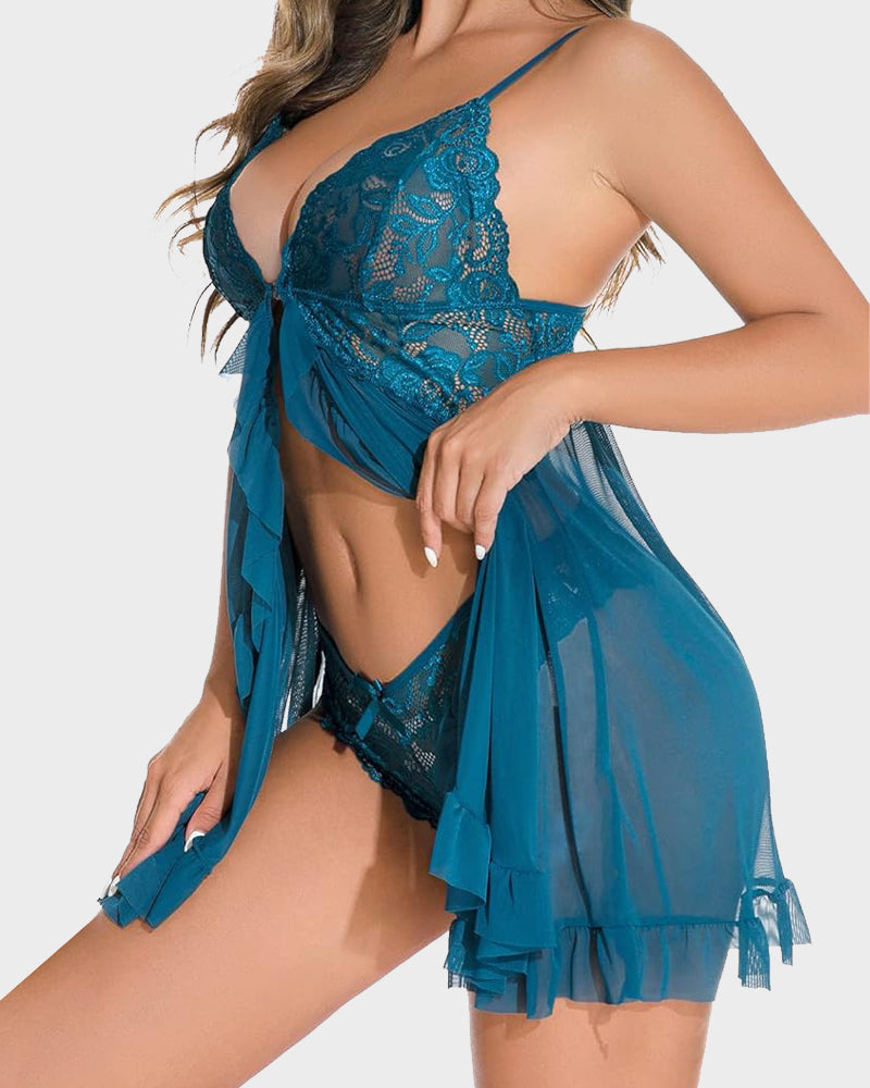 Chemise de nuit sexy en dentelle transparente avec string assorti