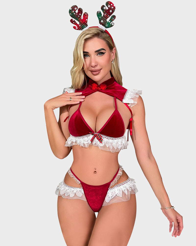 Ensemble de lingerie de Noël en velours et dentelle avec oreilles de renne