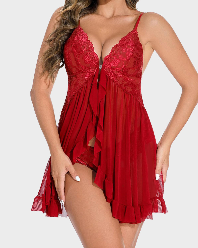 Chemise de nuit sexy en dentelle transparente avec string assorti