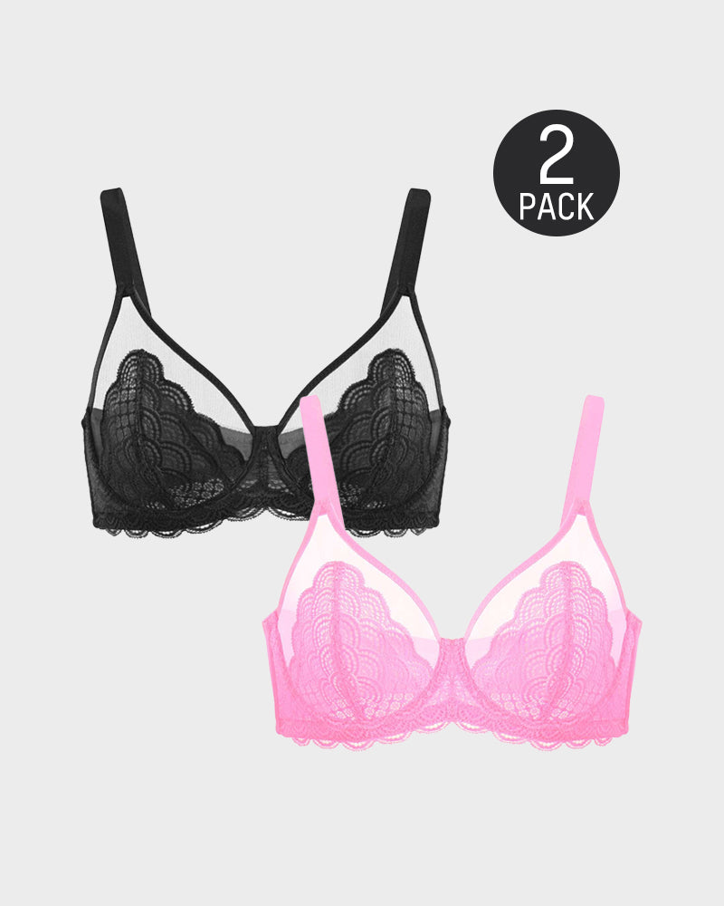 SheShape® Full Coverage Lace Minimizer Bra - Mermaid Black+Pink (2 PACK）