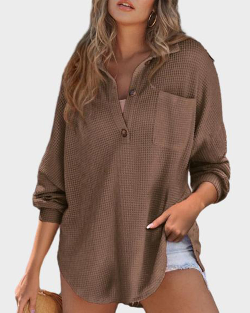 Relaxed Fit Long Sleeve Waffle Knit Button-Up Shirt