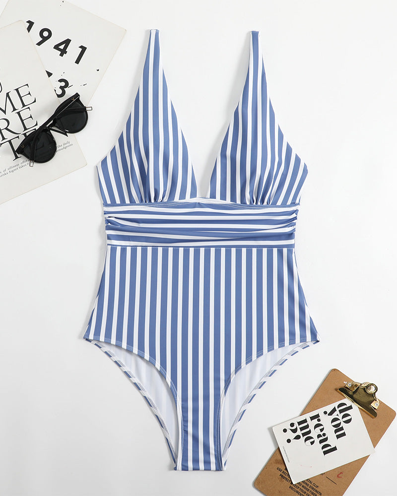 Striped Plunging Neck Swimsuit