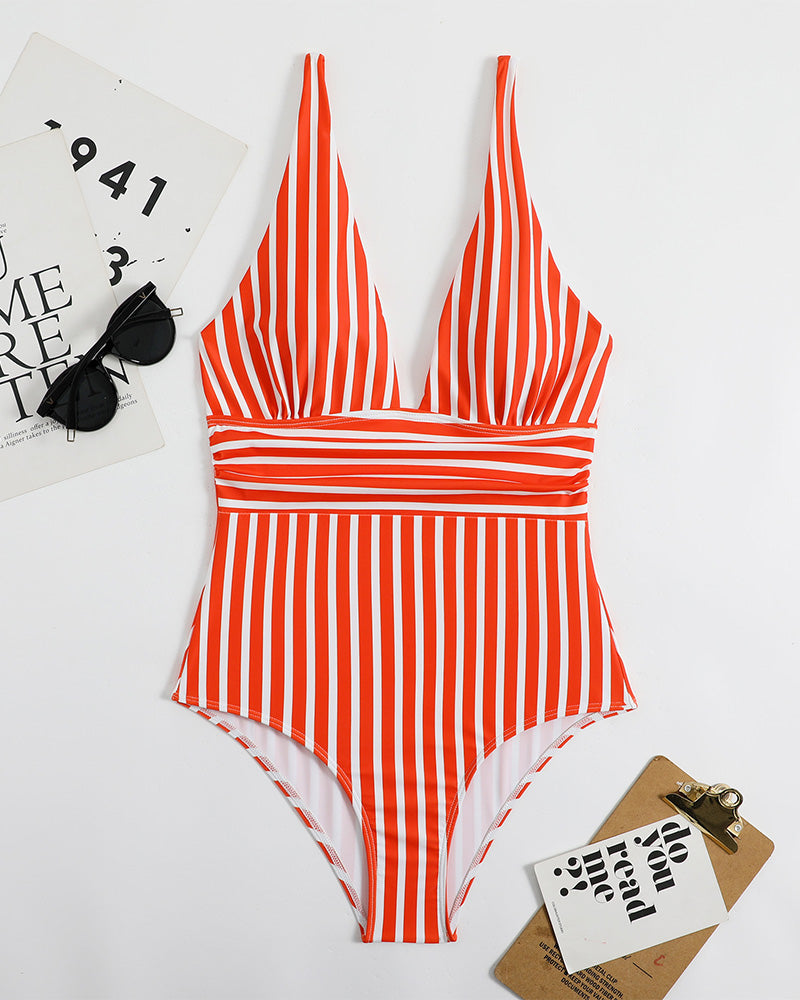 Striped Plunging Neck Swimsuit