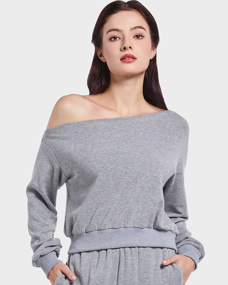 Sweat-shirt à manches longues doux et extensible à épaules dénudées