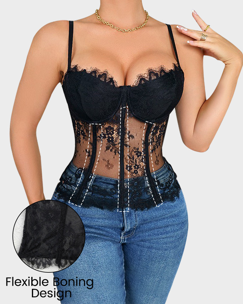 Top de tirantes finos con bralette de malla de encaje transparente sexy