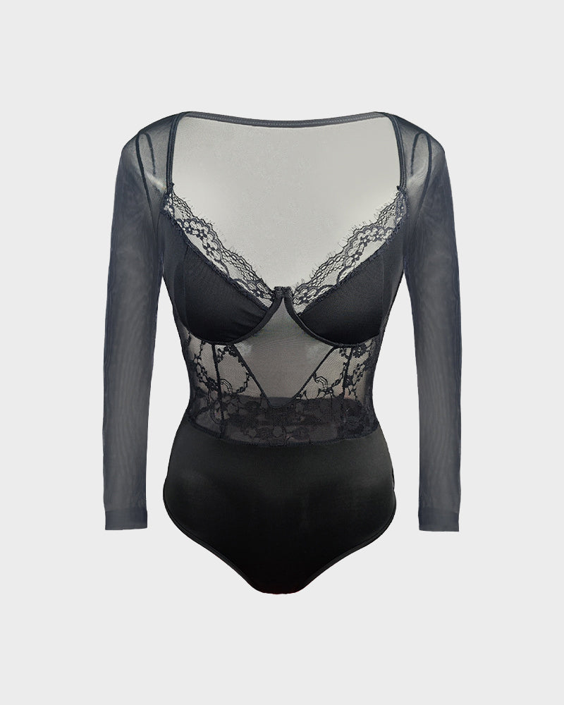 V-Neck Long Sleeve Lace Sheer Mesh Sculpting Bodysuit