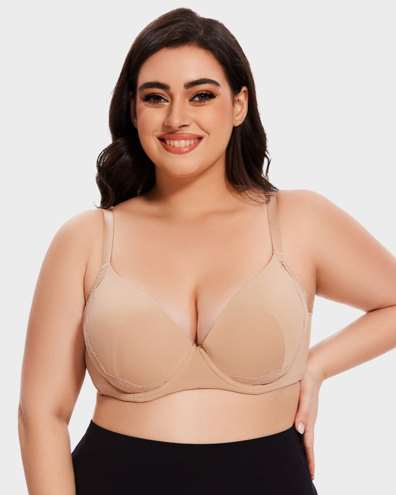 Soutien-gorge push-up à couverture complète avec bordure en dentelle en V profond