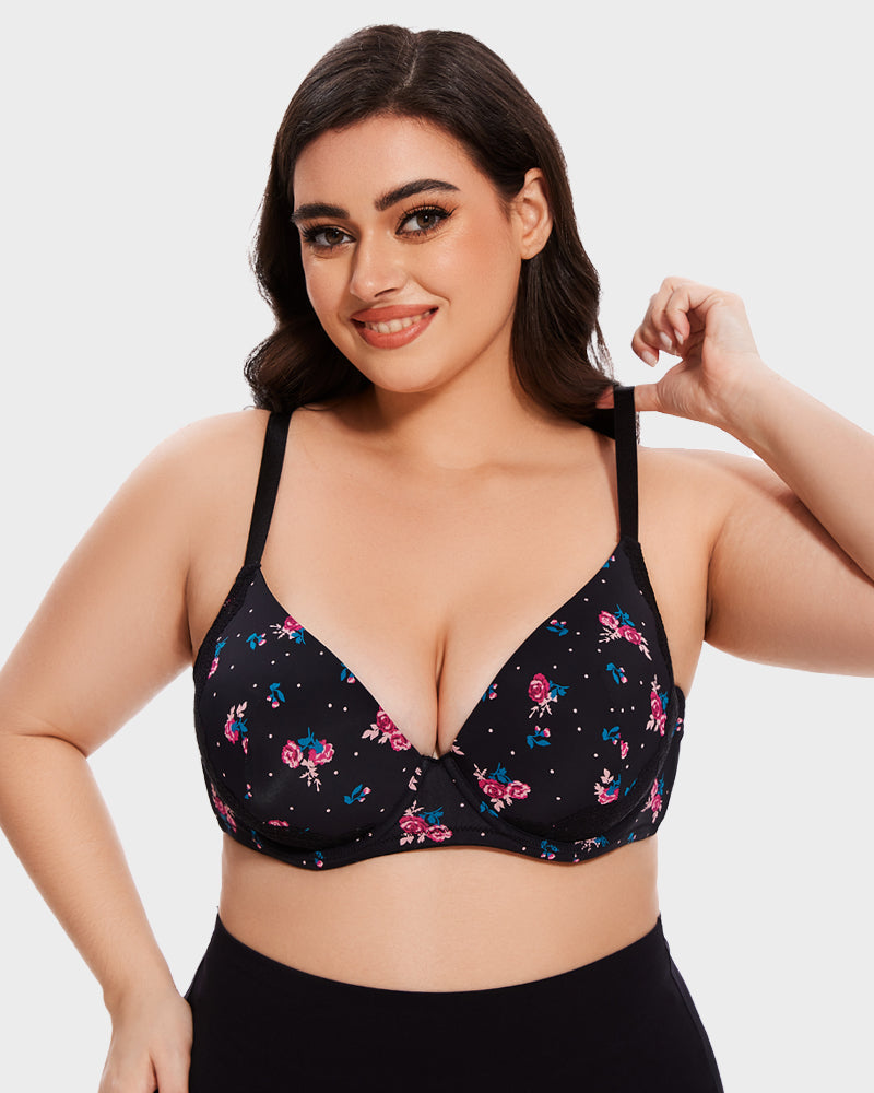 Soutien-gorge push-up à couverture complète avec bordure en dentelle en V profond