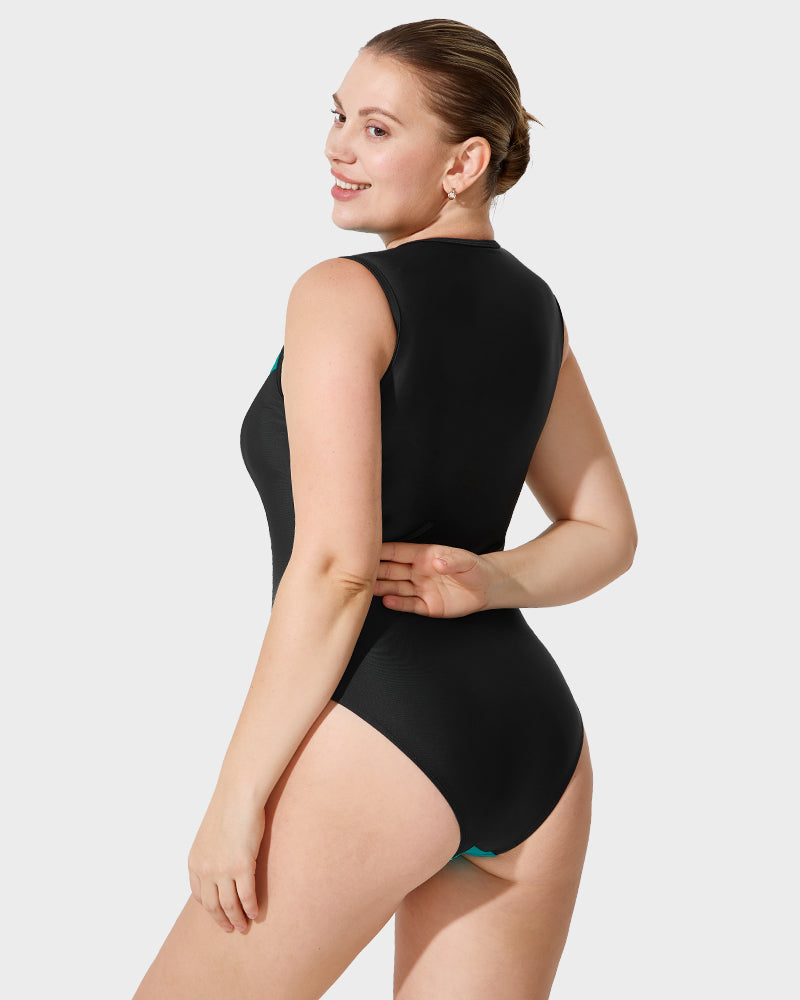 Sporty Color-Blocked Front Zip Swimsuit