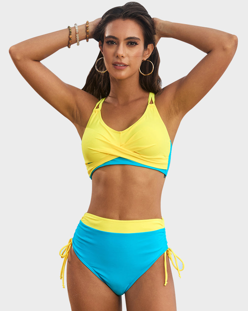 Color-Block Drawstring Cross-Back Bikini Set