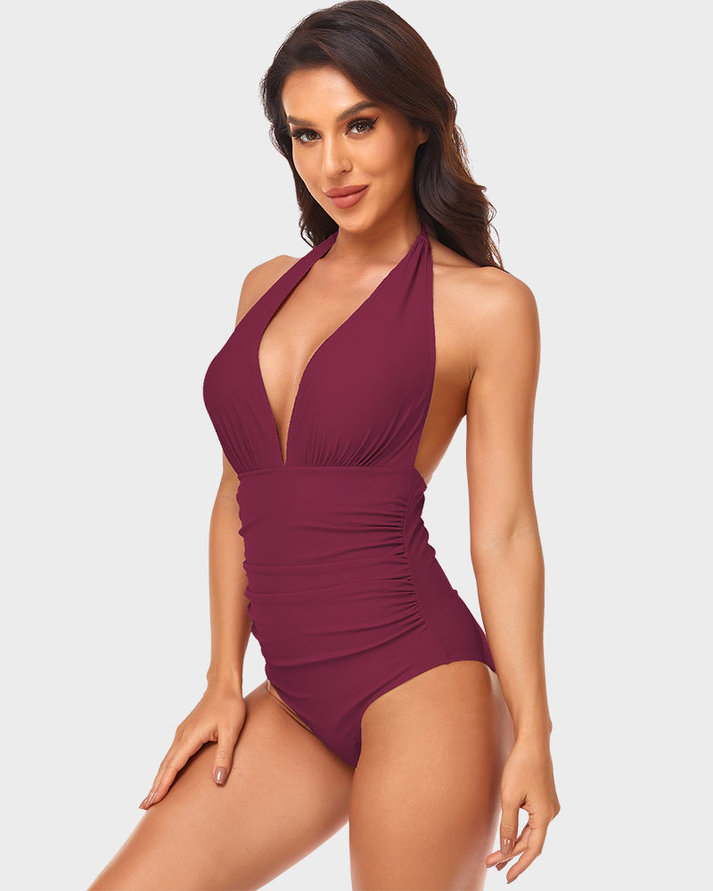 Halter Neck Deep V Ruched One-Piece Swimsuit