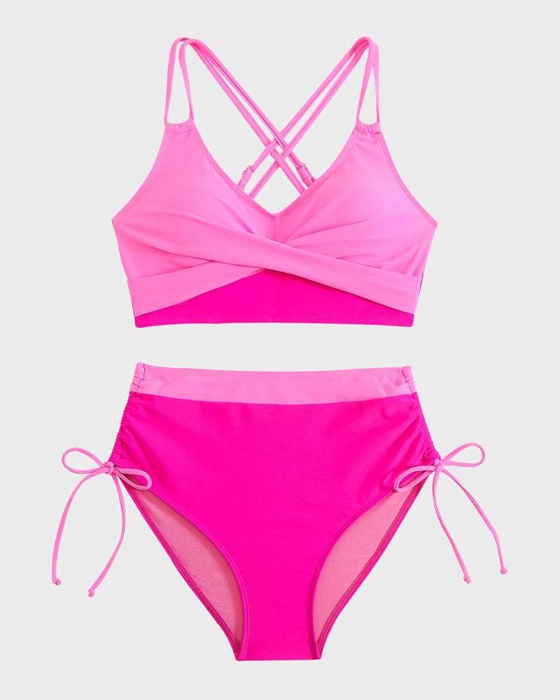 Ensemble bikini croisé dans le dos avec cordon de serrage et blocs de couleurs