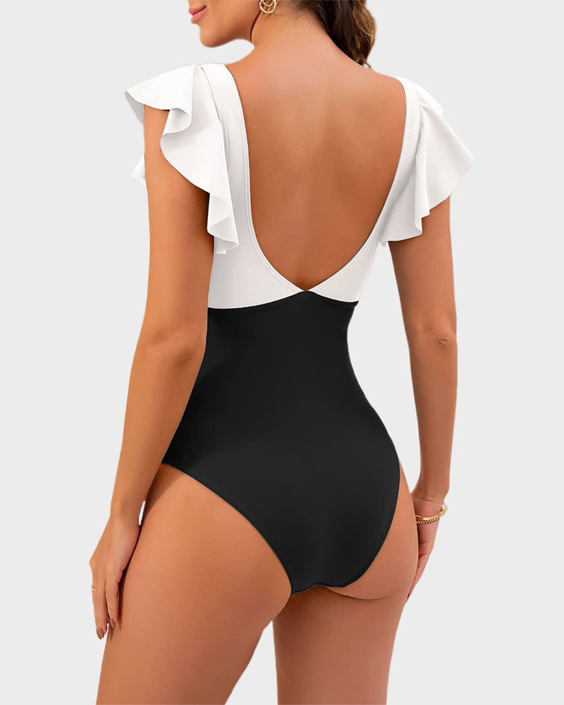 Ruffle Sleeve Cut-Out Ruched One-Piece Swimsuit