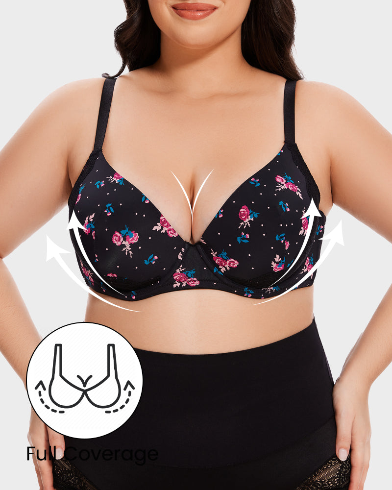 Soutien-gorge push-up à couverture complète avec bordure en dentelle en V profond