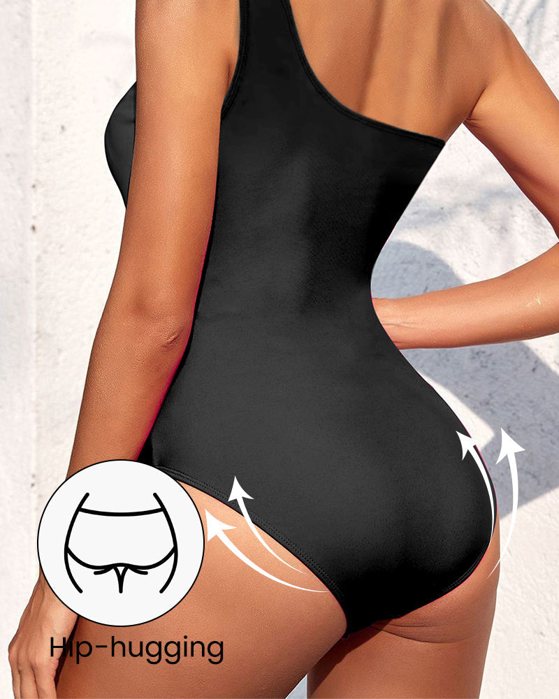 Stylish One-Shoulder Fitted Cut-Out Swimsuit