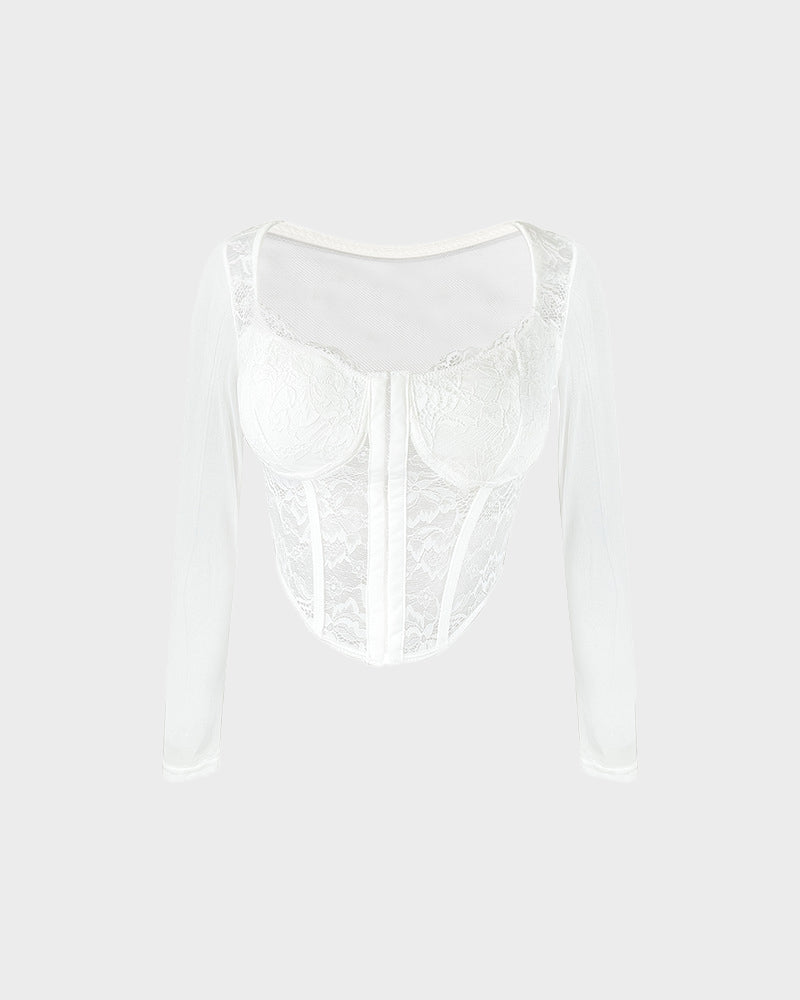 V-Neck Sheer Lace Mesh Front Closure Long Sleeve Top